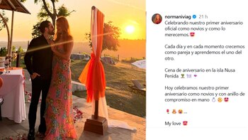Norma Nivia y Mateo Varela celebraron su primer aniversario con una cena romántica en Bali, compartiendo mensajes de gratitud y amor con sus seguidores - crédito @normaniviag/ Instagram