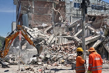 CALI, Aug. 12, 2026 -- Rescuers are seen near the ruins of buildings damaged in an earthquake in Cali, Colombia, Aug. 11, 2026. The death toll from Monday's 7.4-magnitude earthquake in western Colombia has risen to 188, with 1,677 others injured, the Colombian Association of Capital Cities, or Asocapitales, said Tuesday.
Asocapitales said it has launched a system to report and search for missing persons as rescue and damage assessment work continues.,Image: 1122427799, License: Rights-managed, Restrictions: , Model Release: no , Credit line: COLPRENSA / Xinhua News / Europa Press