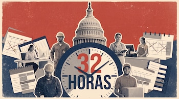 Reloj con el texto 32 HORAS rodeado por trabajadores, calendarios y la cúpula del Capitolio de Estados Unidos sobre un fondo rojo y azul.