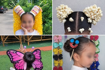 Cuatro imágenes de peinados creativos infantiles: cabello estilo ramen, moños de palomitas, mariposa rosa brillante y un moño con accesorio de sonrisa.
