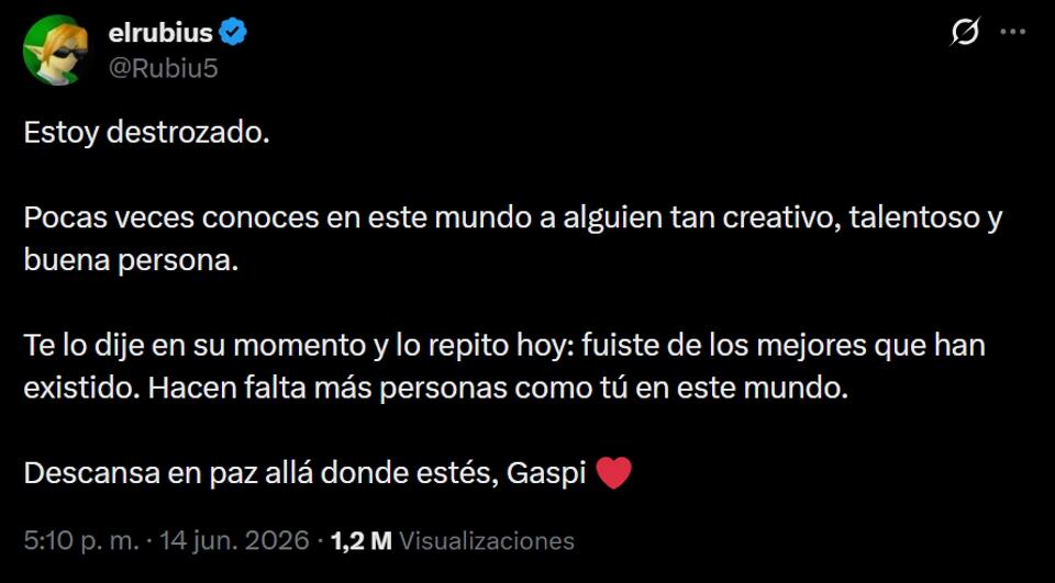 El Rubius le dedicó un mensaje de despedida a Gaspi. (X)