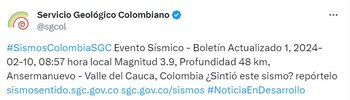 Así lo informó el Servicio Geológico Colombiano en su cuenta oficial de X - crédito x
