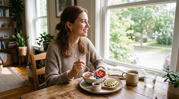 Una mujer sentada junto a una ventana con un tazón de yogur, una tostada con aguacate, una taza de café y un vaso de agua sobre la mesa.