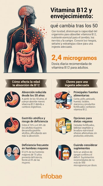 Infografía con una figura humana, el sistema digestivo, diversos alimentos, un frasco de suplementos y texto explicativo sobre la vitamina B12.