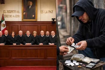 Imagen dividida: a la izquierda, el pleno de la SCJN con jueces vestidos de negro; a la derecha, un hombre en sudadera vendiendo drogas al aire libre.