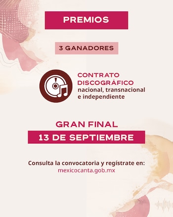 Póster promocional con fondo abstracto rosa y marrón que anuncia "Premios", "3 Ganadores", "Contrato discográfico" y la "Gran Final 13 de septiembre"
