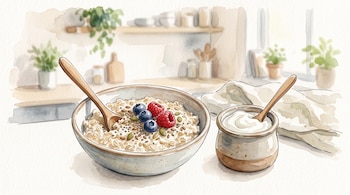 Ilustración en acuarela de un cuenco de avena con arándanos, frambuesas y semillas, junto a un recipiente de yogur con cucharas de madera.