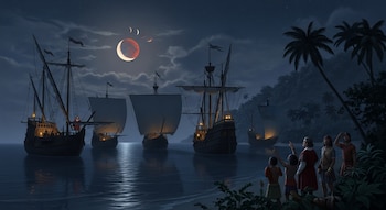 Cuatro carabelas en el mar de noche, con la luna eclipsada y dos lunas crecientes en el cielo; personas en la orilla con palmeras y vegetación.