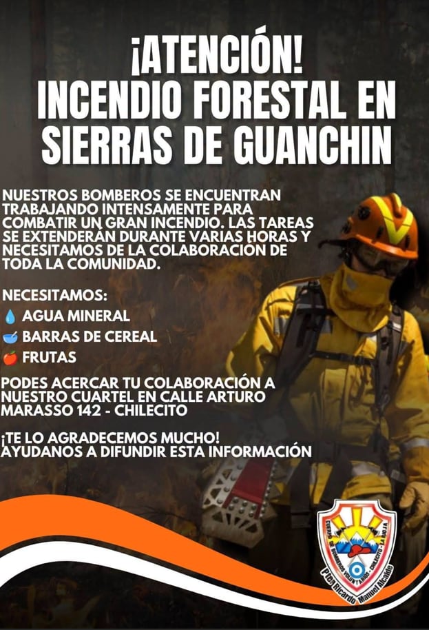 El aviso del Cuerpo de Bomberos Voluntarios de Chilecito, sobre las tareas de combate de un incendio forestal en las Sierras de Guanchin (Chilecito Gobierno Municipal)