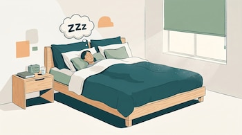 Ilustración de una persona durmiendo en una cama con sábanas verdes y cabecera de madera, con un 'ZZZ' en una burbuja de pensamiento, y una mesita de noche.