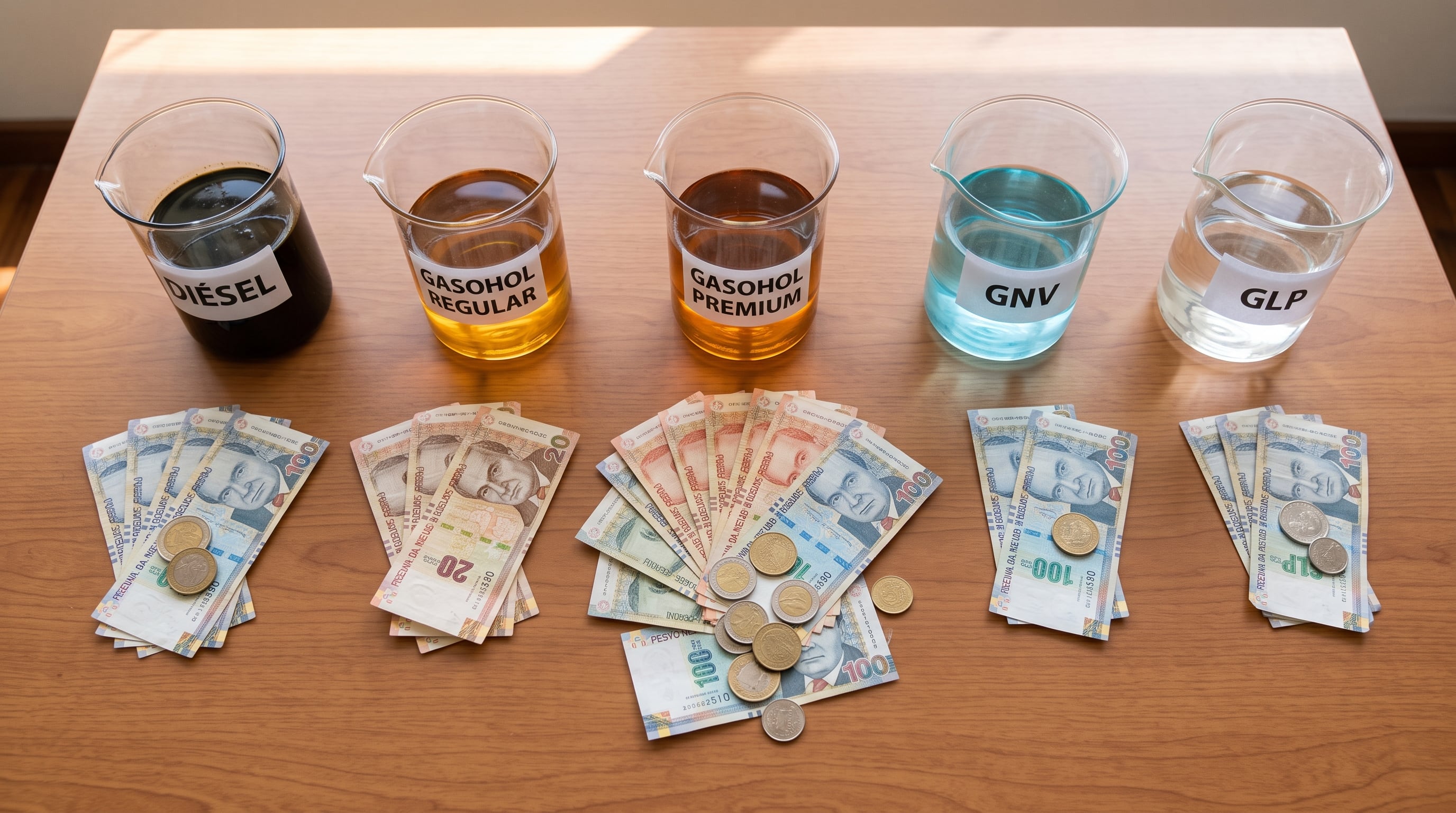 Cinco muestras de combustibles alineadas junto a billetes y monedas peruanas ilustran la variación de precios en el mercado de hidrocarburos. (Imagen Ilustrativa Infobae)