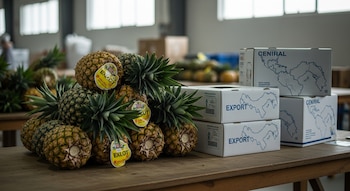 Montón de piñas frescas con etiquetas amarillas y cajas de cartón con mapas de Centroamérica y textos "EXPORT" y "CENIRAL" en un almacén.