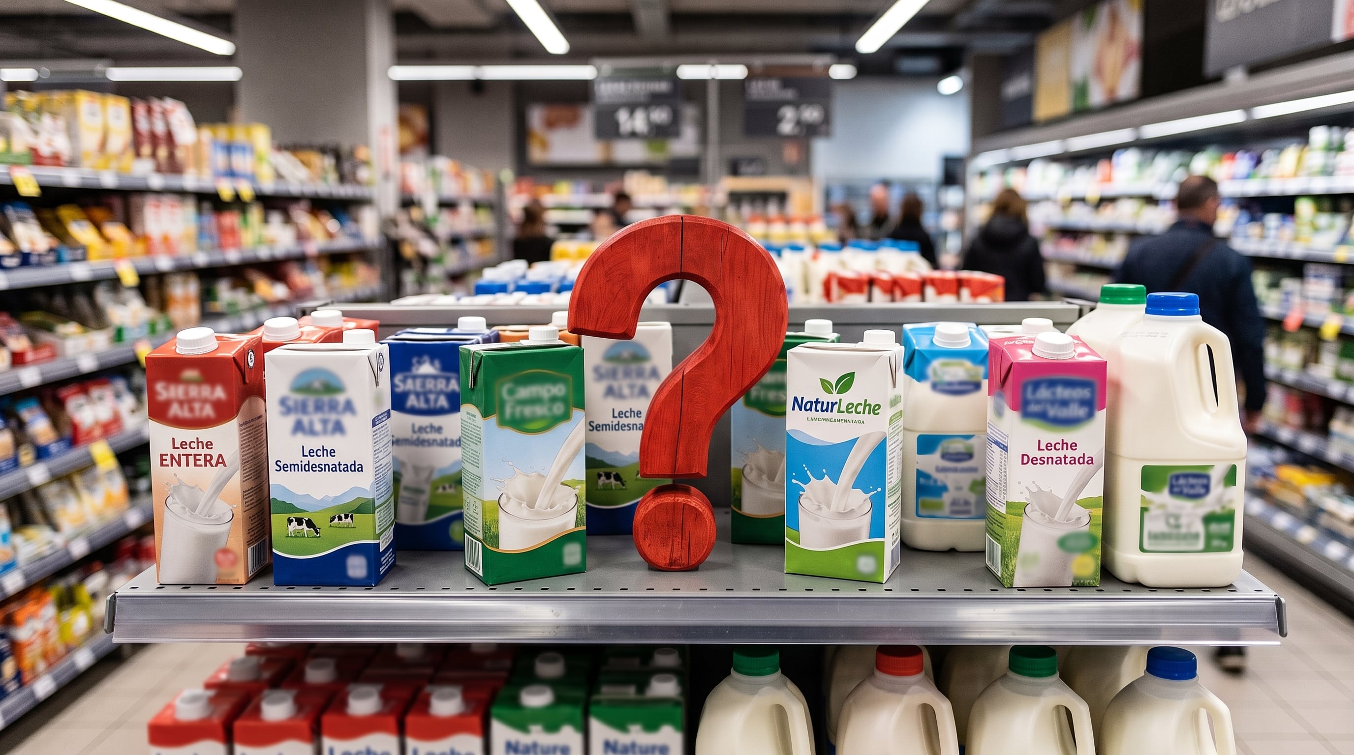 Un signo de interrogación rojo colocado entre envases de leche representa las opciones del consumidor en la sección de lácteos de un supermercado. (Imagen Ilustrativa Infobae)