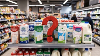 Un signo de interrogación rojo de madera entre cartones y jarras de leche con etiquetas borrosas en el estante de un supermercado.