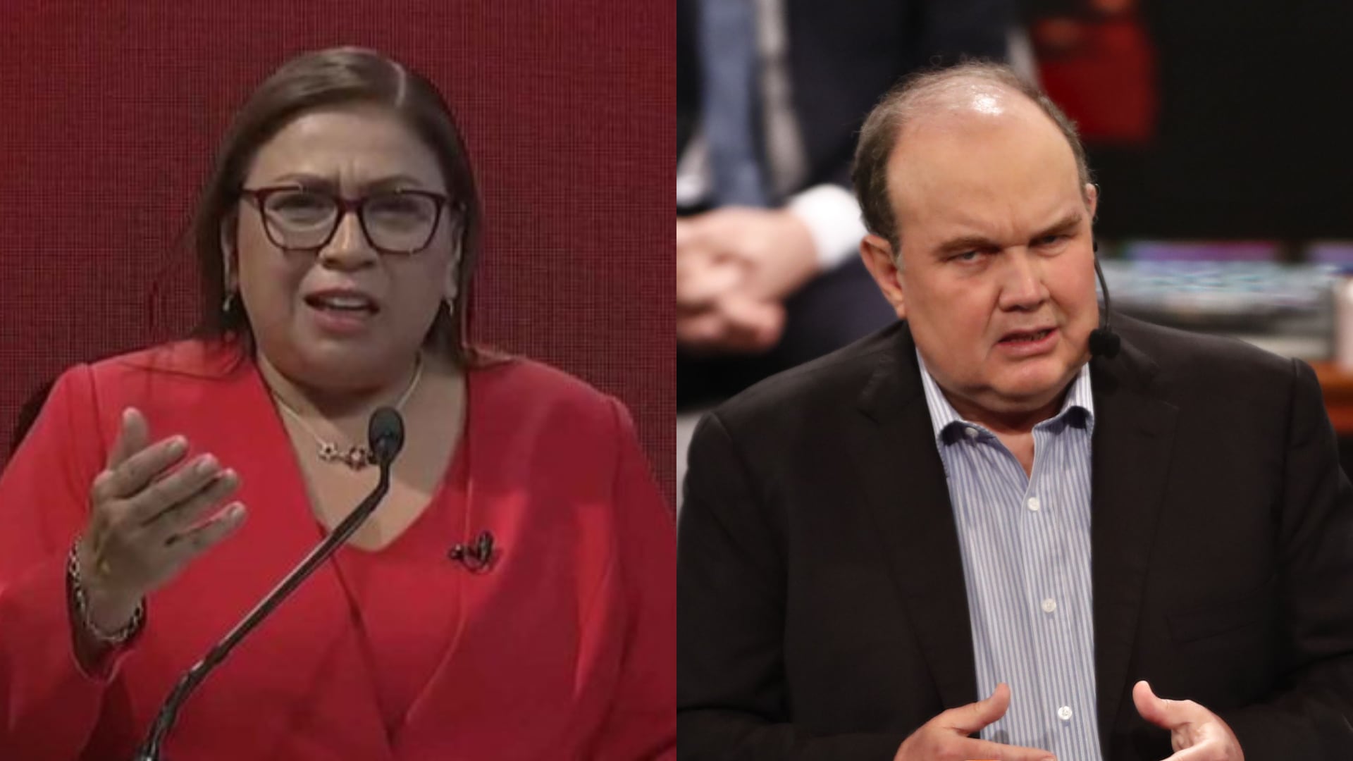 La candidata Mónica Yaya cuestiona las cuentas municipales de la gestión de Rafael López Aliaga durante el debate para la alcaldía de Lima. (Composición: Infobae Perú)