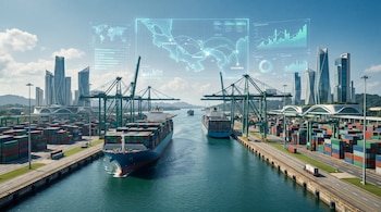 Canal de Panamá con dos buques portacontenedores, grúas portuarias, pilas de contenedores, edificios modernos y gráficos holográficos de mapas y datos en el cielo.