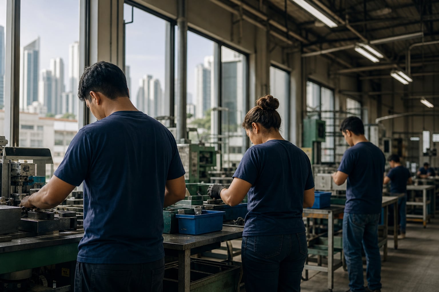 Un grupo de jóvenes trabaja en el área de ensamblaje de una fábrica con vista a los rascacielos de Ciudad de Panamá. (Imagen Ilustrativa Infobae)