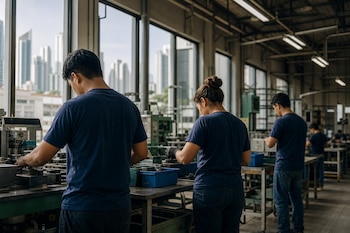 Personas de espaldas trabajan en mesas industriales frente a ventanales con rascacielos al fondo.