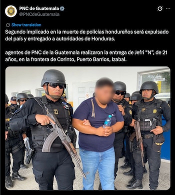 Autoridades de Guatemala entregaron a Honduras a uno de los presuntos implicados en el asesinato de cinco agentes de la Dipampco ocurrido en Corinto, Cortés. (FOTO: X)