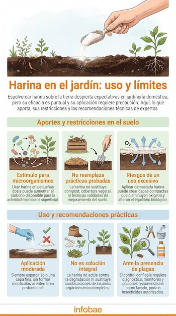 Infografía con una ilustración superior de una mano espolvoreando harina sobre la tierra y seis recuadros con gráficos explicativos.