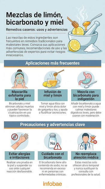 Infografía ilustra usos y advertencias de remedios caseros con limón, bicarbonato y miel, incluyendo mascarillas, infusiones y precauciones de salud.