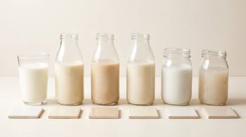 Un vaso y cinco envases transparentes con seis tipos de leche distintos, acompañados de seis azulejos cuadrados sobre una superficie clara.