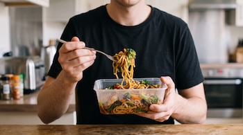 Torso de un hombre con camiseta negra que sostiene un recipiente de plástico con fideos y brócoli con un tenedor sobre una mesa de madera.