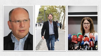 Collage de tres fotos: primer plano de un hombre con gafas, un hombre con barba caminando en la calle y una mujer con gafas frente a micrófonos.