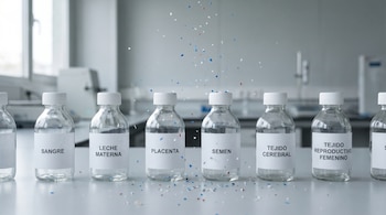 Vista de frascos de laboratorio alineados con etiquetas como "sangre" y "placenta", y microplásticos de colores azul, rojo y blanco dispersos alrededor y sobre ellos.