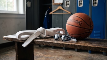 Un cinturón blanco, unas gafas de natación y un balón de baloncesto sobre un banco de madera junto a casilleros metálicos.