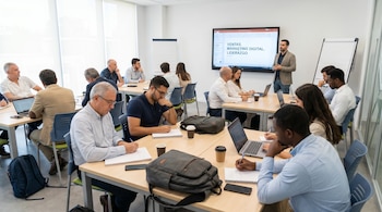 Grupo de personas en un taller. Un hombre presenta en una pantalla "VENTAS, MARKETING DIGITAL, LIDERAZGO" mientras los asistentes toman notas y usan laptops.