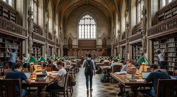 Vista panorámica de una biblioteca universitaria con techos abovedados y grandes ventanales, repleta de estanterías de madera, mesas y estudiantes leyendo o usando ordenadores.