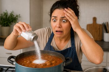Una mujer sostiene un salero transparente del que cae abundante sal hacia una olla con guisado en una cocina.