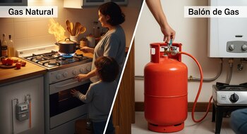 Imagen dividida. Izquierda: Mujer y niño cocinando con gas natural en estufa de cocina. Derecha: Mano manipulando balón de gas rojo conectado a estufa pequeña.