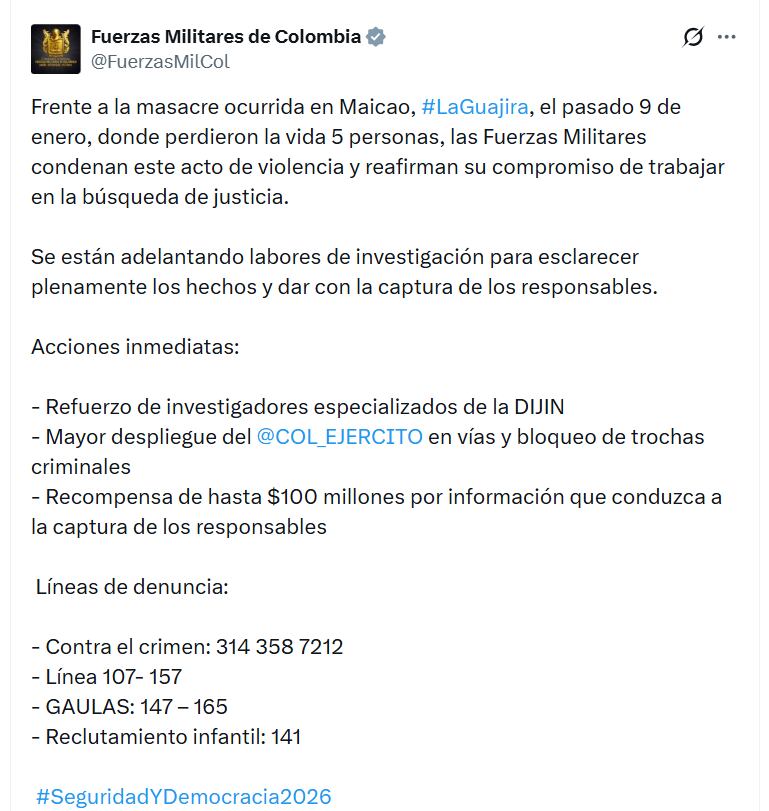 Las autoridades anunciaron el seguimiento a los posibles responsables de la masacre contra cinco jóvenes en Maicao - crédito FuerzasMilCol/X