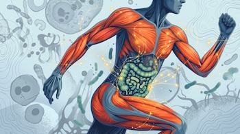 Ilustración de un cuerpo humano corriendo con los músculos rojos expuestos, el sistema digestivo iluminado y microorganismos de fondo.