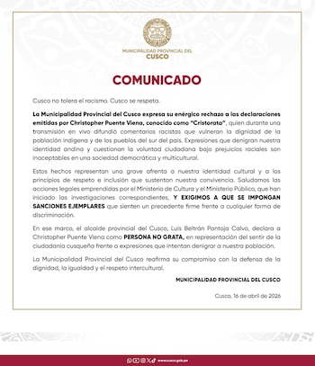 Comunicado de la Municipalidad de Cusco