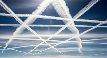 Cielo azul profundo con numerosas estelas blancas de aviones cruzándose. Algunas estelas son nítidas, otras se disipan en nubes finas y la luz del sol brilla en la parte superior.