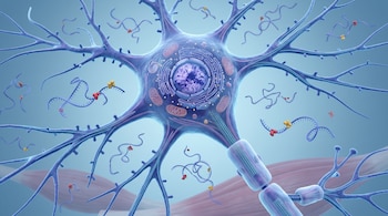 Neurona azul con núcleo, mitocondrias, dendritas, axón y fragmentos de ARN con moléculas adheridas sobre un fondo celeste.