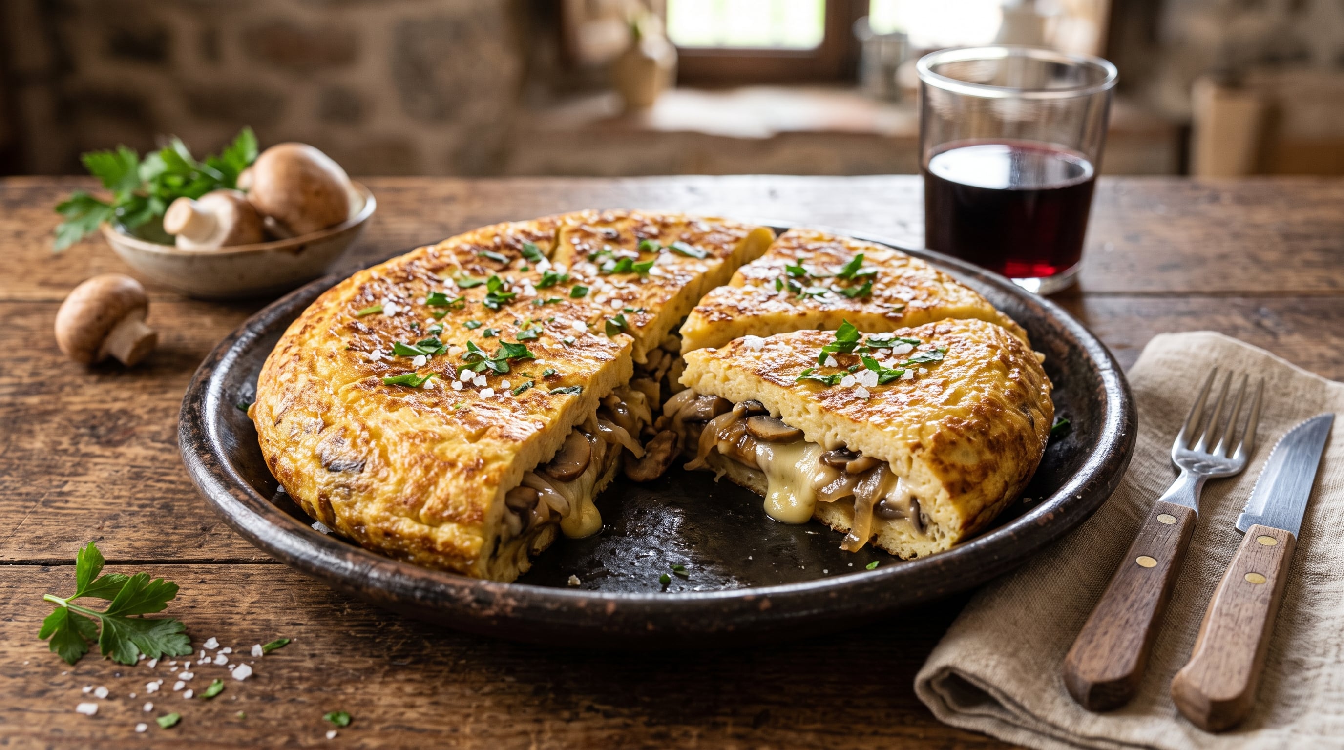 Tortilla de champiñones y queso con huevos, cebolla de verdeo y mozzarella o queso cremoso (Imagen Ilustrativa Infobae)