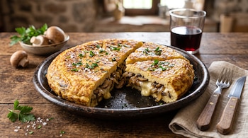 Una tortilla rellena de champiñones y queso en un plato, con cubiertos, champiñones crudos y un vaso con vino sobre una mesa.