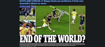 A comparación de la derrota ante Marruecos en la cual el diario británico afirmó que no era el fin del mundo, en esta ocasión si se planteó la pregunta de forma irónica en su portada tras la goleada recibida en el estadio de Miami-crédito Daily Mail