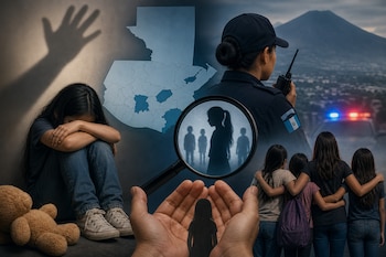 Un mapa de Guatemala junto a una niña sentada en el suelo, una agente policial con radio, lupas con siluetas y cuatro adolescentes.