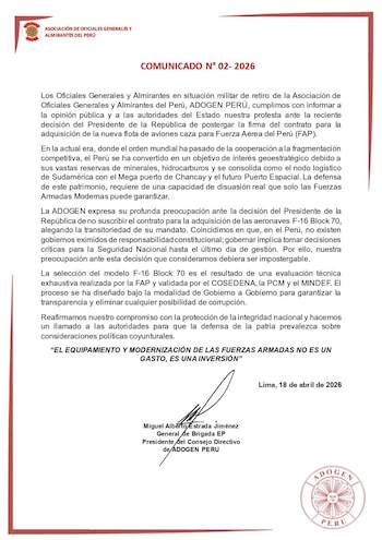 ADOGEN advierte sobre impacto de postergación en modernización de la Fuerza Aérea del Perú. (Foto: ADOGEN)