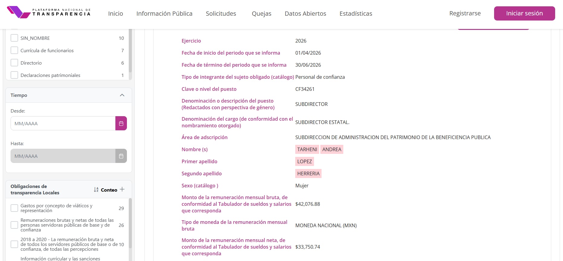 Terheni Andrea, sobrina de AMLO, percibe un sueldo de 33 mil 750 pesos. (Portal de Transparencia)