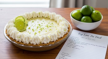 Un Key lime pie en un plato de cristal, con crema batida, rodajas de lima y ralladura, junto a un tazón de limas y una receta sobre una mesa de madera.
