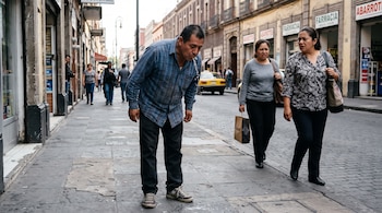 Un hombre con camisa a cuadros escupe en la acera junto a dos mujeres que caminan frente a comercios en una calle adoquinada.