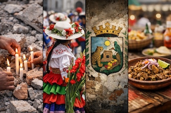 Mosaico de cuatro paneles: manos encienden velas en escombros; mujer con traje típico y flores; escudo de Huánuco en pared; seco de chabelo.