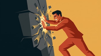 Ilustración de un hombre con traje rojo empujando un muro de piedra del que surgen grietas de luz dorada sobre fondo ocre.