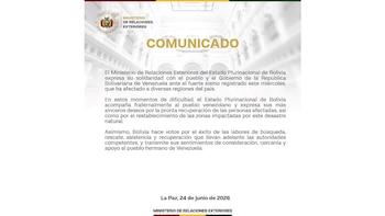 Bolivia se solidarizó con Venezuela y deseó una “pronta recuperación” al pueblo venezolano (Cancillería de Bolivia)